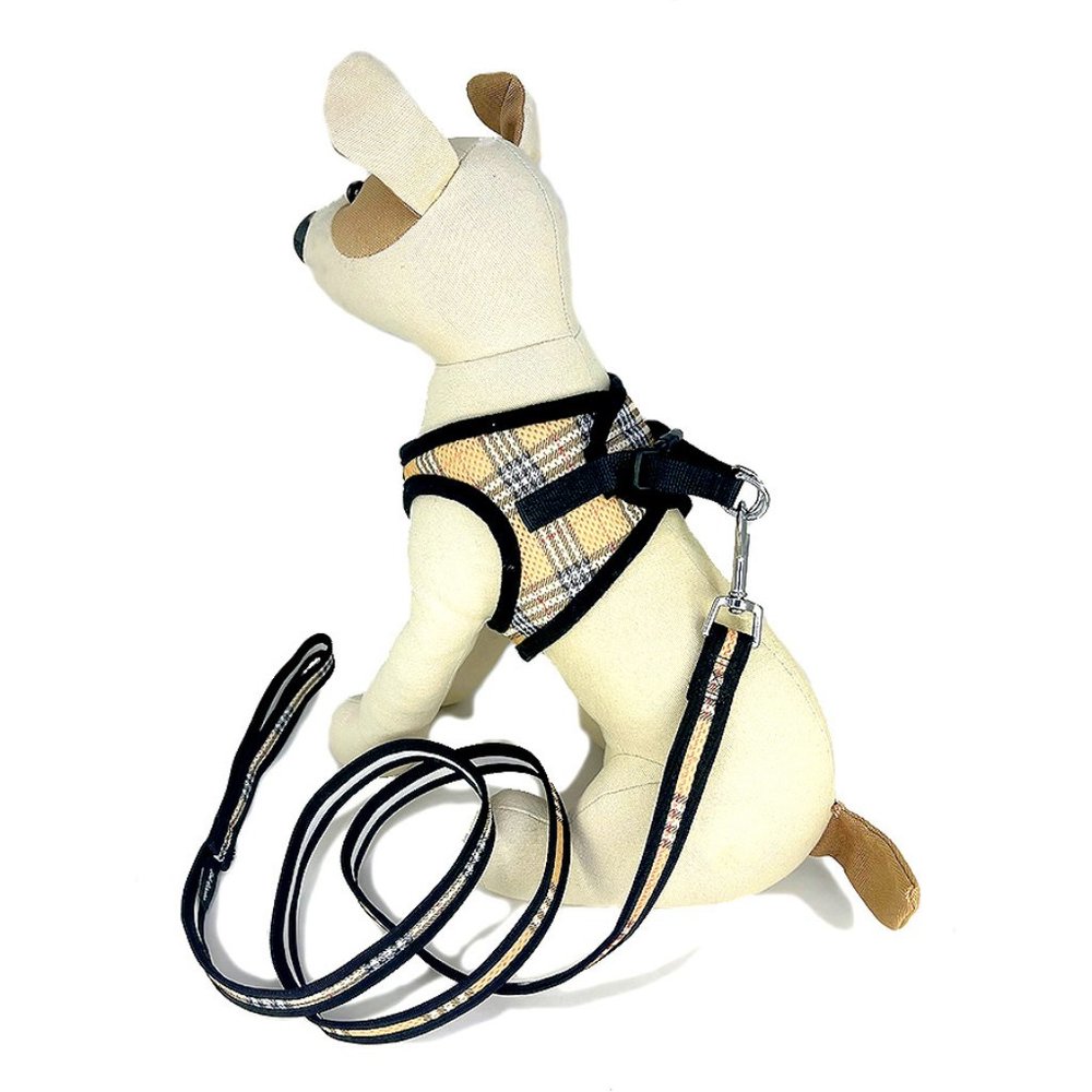 Tan Plaid Mesh Step-In Harness & Leash Set